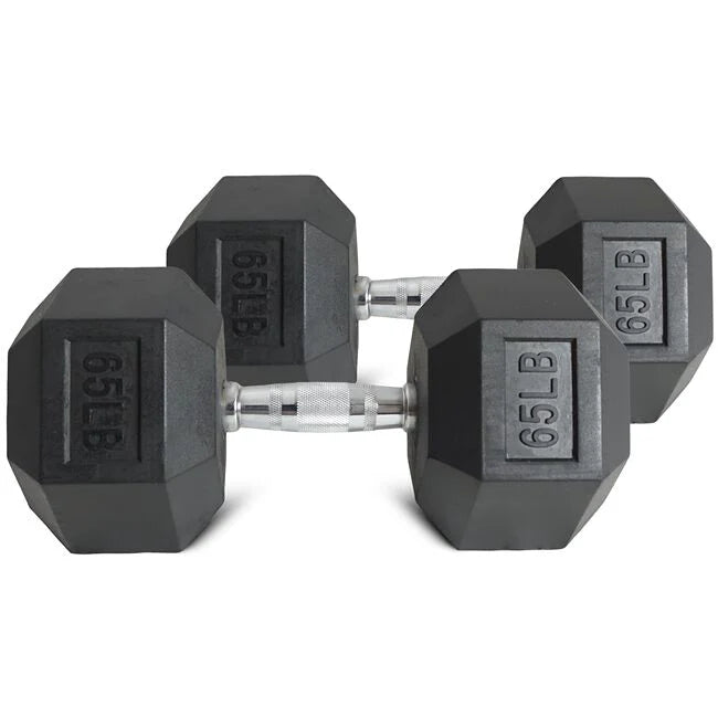 Rubber Encased Hex Dumbbell - Set of Two - Black/Metal - 65 Pounds