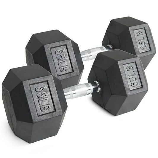 Rubber Encased Hex Dumbbell - Set of Two - Black/Metal - 65 Pounds