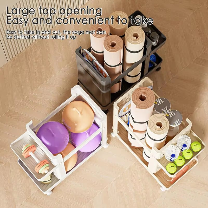 Yoga Mat Storage Basket Home Trolley Fitness Equipment Storage Rack Exercise Equipment Storage Rack with Bottom Universal Wheels